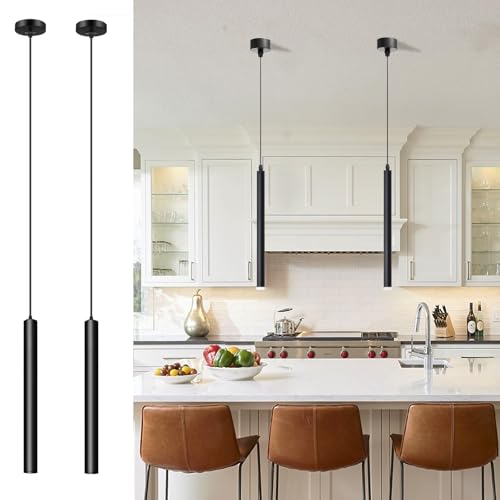 ACMHNC 2 Pack Modern Black Pendant Light, LED Kitchen Island Lights, 5W Hanging Bedside Lights, 3000k, 190cm Height Adjustable, 30cm Long Tube Chandelier for Bedroom Shop Bar Counter