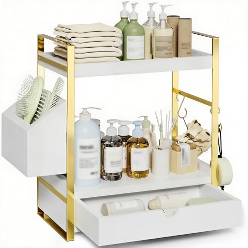 Aollewoiti 2-Tier Bathroom Counter Organizer with Drawer and Basket, Wood Countertop Organizer for Storage, Skincare Organizers for Vanity, Counter Shelf for Bathroom Organization(White-gold)