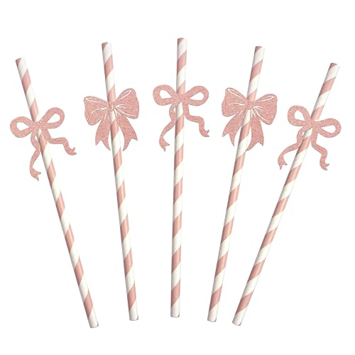 24 pitillos de papel con lazo rosa para fiestas miniatura 1