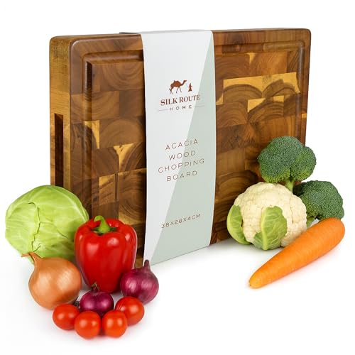 Silk Route Home Premium Acacia Butcher Block - 38 x 26 x 4 cm - Knife‑Friendly, Spill‑Guard Juice Groove & Finger‑Grooves - Heavy‑Duty Wood Chopping/Serving Board