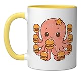 Octopus Burger Party Cartoon Ceramic Mug, Yellow/White