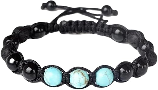 Lady Works Natural Gem Black Tourmaline, Turquoise & Black Lava 8mm Smooth Round beads Shamballa threaded adjustable brace...