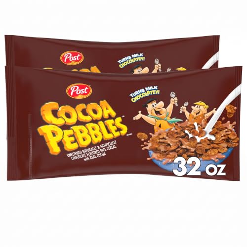 Cocoa PEBBLES Cereal, Gluten Free Rice Cereal, Family Size 32 oz Bag (Pack of 2)