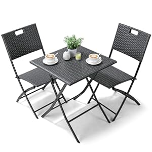 LIFERUN Bistro Gartenmöbel Set 3-teilige, Balkonmöbel Rattan Set, 1 Klapptische und 2PCS Klappstühle, Grau Balkon Set, Balkonmöbel Klappbar, Rattan-Sitzgruppe für Balkon, Terrasse und Garten
