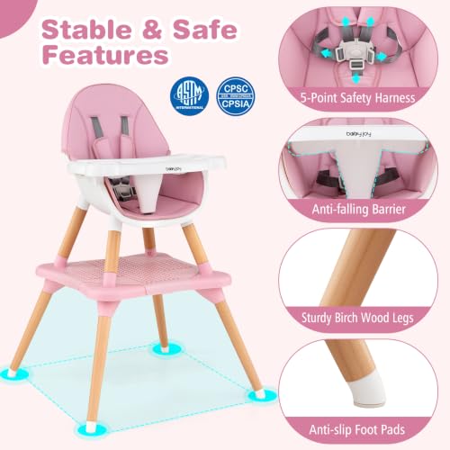 Image of BABY JOY 6 in 1 High Chair, Convertible High Chairs for Babies and Toddlers /Booster Seat /Table and Chair Set, Infant Wooden Highchair w / 5-Point Harness, 4-Position Removable Tray & PU Cushion (Pink)