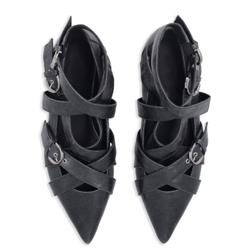 Women's Punk Ballet Flats Pointed Toe Ankle Strap Ballerina Shoes Buckle Crossed Strappy Comfortable Flat Shoes for Party Office Prom3