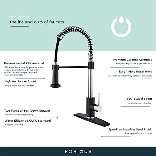 Forious Faucet With Pull Down Sprayer, Commercial Spring Kitchen Sink Faucet With Pull Out Sprayer, Single Handle With Deck Plate, Black Nickel #TOP4