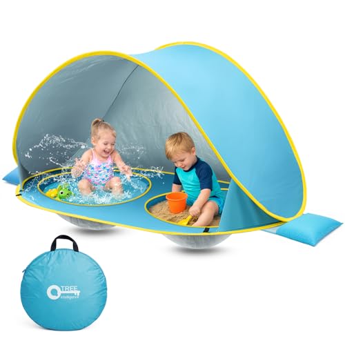 QTREE intelligence 2-IN-1 Baby Beach Tent with 2 Pool for 2 kids,74.8*41.7*35.4 inch UV Protection Sun Shelter Pop Up Play Canopy, Easy setup portable tent for Beach,Camping,Picnic,Poolside,Indoor