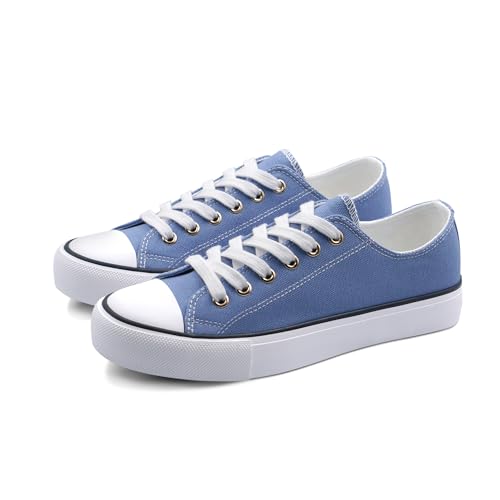 ANTLULU Zapatos de lona para mujer, con parte superior baja y cordones, tenis casuales de moda clásicos en blanco y negro, Azul dusk, 40 EU