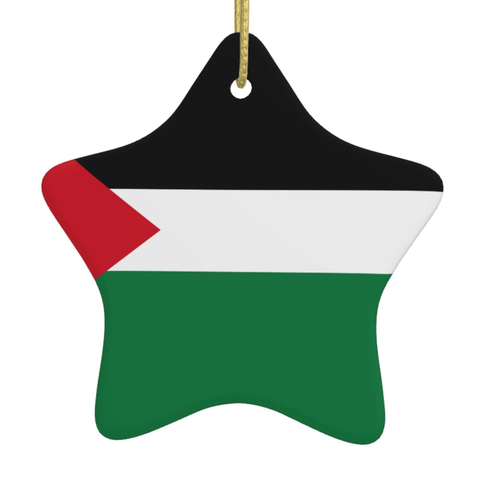 Flag of The State of Palestine Christmas Ceramic Star Pendant with Punched Holes and Gold Wire Rope, Christmas Tree Home Decoration