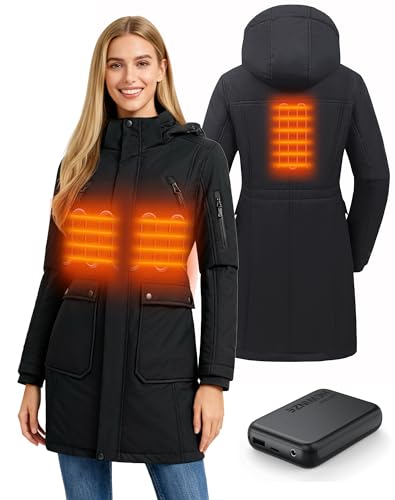 HEWINZE Damen beheizte Softshell-Langjacke, warmer Wintermantel mit elektrischer Heizung, abnehmbarer Kapuze und 7,4-V-Akku.US 3XL