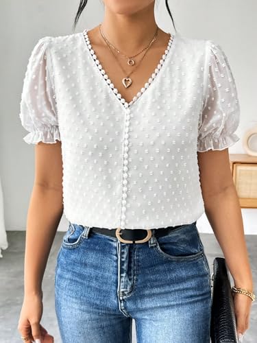 Image of Shasmi Women's Elegant French Textured Fabric Solid Color Lace Panel V-Neck Jacquard Blouse,Short Puff Sleeve Tops Simple Daily Spring /Summer Casual Blouse Shirt (Top 178)
