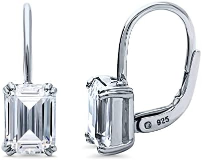 BERRICLE Sterling Silver Solitaire 2.4 Carat Emerald Cut Cubic Zirconia CZ Fashion Leverback Dangle Drop Earrings for Women, Rhodium Plated