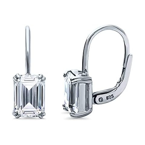 BERRICLE Sterling Silver Solitaire 2.4 Carat Emerald Cut Cubic Zirconia CZ Fashion Leverback Dangle Drop Earrings for Women, Rhodium Plated Cover