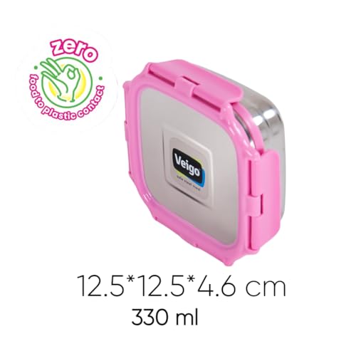 Image of Veigo Original Stainless Steel Medium Snack Box (300 ml), Airtight & Leakproof, Freezer & Dishwasher Safe, Snacks Box for School, Silicone Ring & Polymer Frame, Safe Lid Lock, Pink