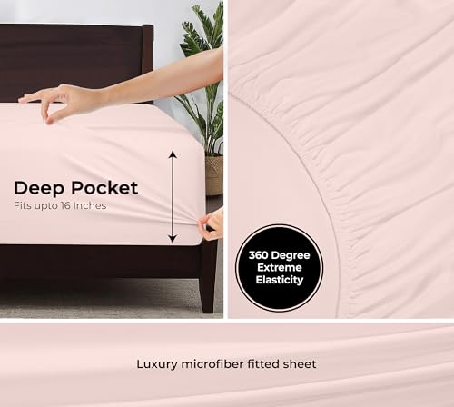 Image of Royale Linens Fitted Sheet King - Ultra Soft 1800 Brushed Microfiber - Hotel Luxury Bottom Sheets - Wrinkle Free & Fade Resistant - Deep Pocket Fitted Sheet Only (King, Pink)