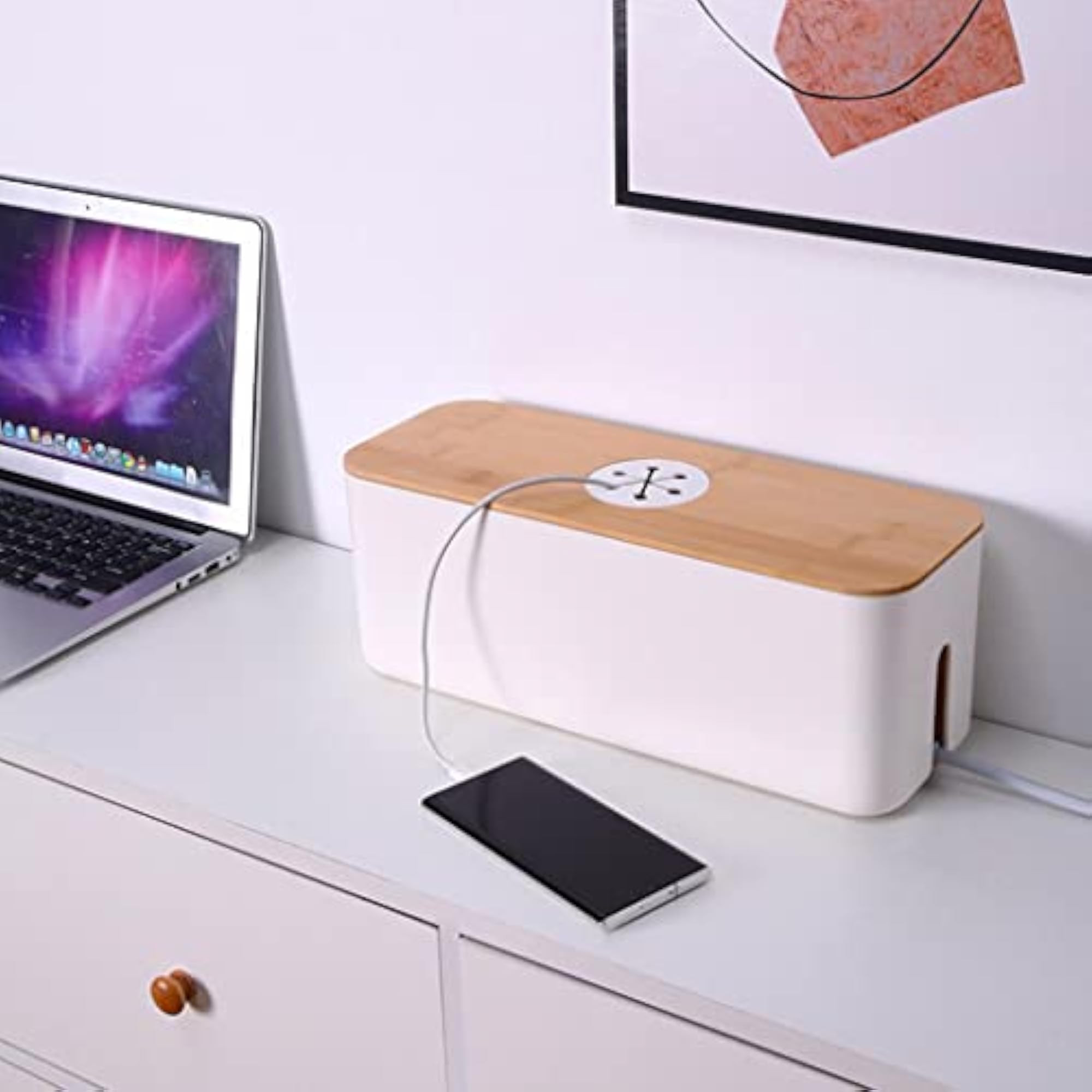 Large Cable Storage Box for Wire Management, White