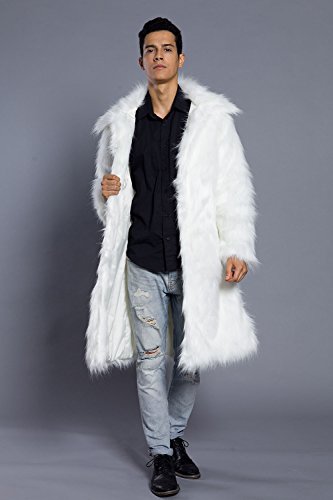 Amore Bridal Mens Faux Fur Coat Long Black Jacket Warm Furry Overcoat Outwear White M