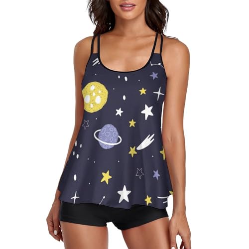 Tankini femme robe de plage avec shorty imprimé planètes étoiles