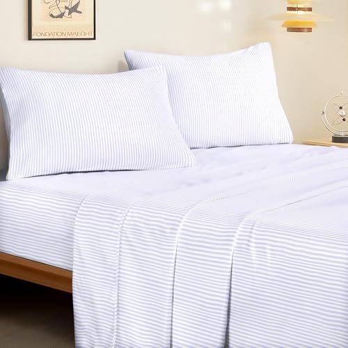 Image of Wake In Cloud - Striped Bed Sheets, 4-Piece Sheet Set, Ticking Vertical Pin Stripe Modern Farmhouse Pattern Printed Bedding, Deep Pocket, Light Purple, Full Size