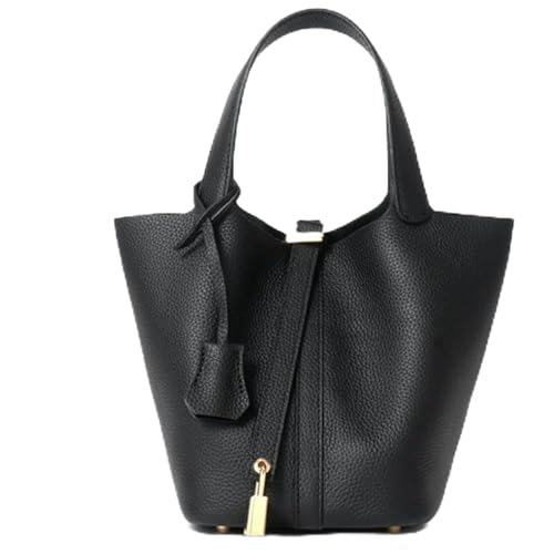 Genuine Leather Bucket Bag with Lock Closure, Genuine Leather Lock Design,Versatile Shoulder Handbag