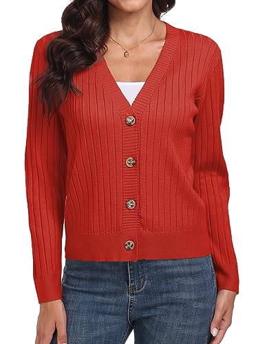 Image of Women's Rust Red Casual Dressy Stirped Cardigan with V Neck Button Sweaters Crew Neck Lady Lightweight Jacket 2024 Fall Winter Size XXL