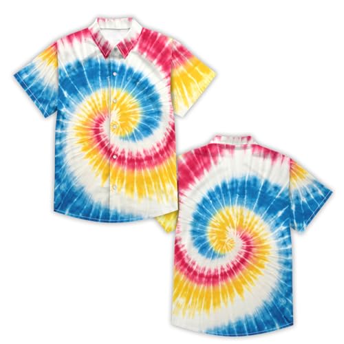Image of Kids Tie-dye Hawaiian Shirt 80s Button Down Retro Short Sleeve Casual Beach Tropical Funny Party Outfits for Boys