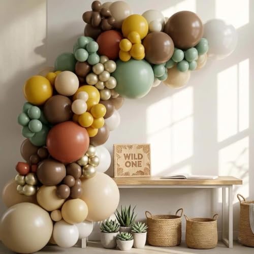 Image of Green Brown White Balloons Double Stuffed Latex Sage Green Gold Mustard Yellow Balloons Boho Balloon Garland For Boho Neutral Birthday Baby Shower Safari Jungle Wooland Garden Theme Party Decor
