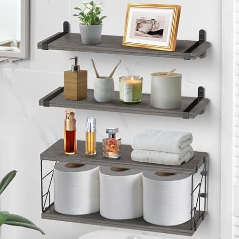 B4LIFE Floating Shelves Wall Mounted Bathroom Rustic Over Toilet Shelves with Toilet Paper Basket, Farmhouse Floating Shelf for Bedroom, Living Room, Kitchen, Wall Decoration Cover