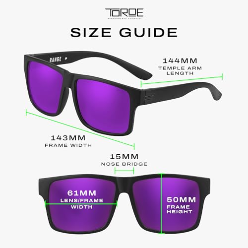 Image of TOROE TR90 Square Frame Grade A Polarized Black Emblem Sunglasses with Anti Reflective Water Repellent Polycarbonate Lenses (Matte Black Frame, Purple Mirror (Category 3))