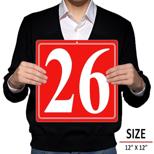 Image of Premium Aluminum Number Signs 26, Metal 12 inch X 12 inch Red Numbered Signs Outdoor for Parking Lots, Floor, Dock, Court, Aisle, Field, High Visibility, No Fade, Weather-resistant