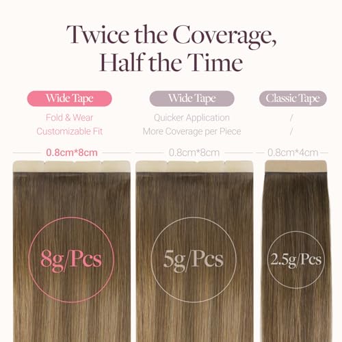 Image of GOO GOO Tape In Weft Hair Extensions Human Hair, 3 /8 /613 Walnut Brown to Ash Brown and Bleach Blonde, 8cm Wide Tape, 18inch 20pcs 160g, Tape Weft Hair Extensions, Seamless Tape in