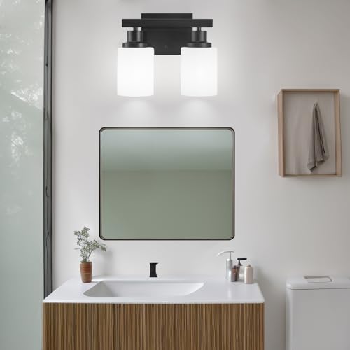 Image of Bathroom Light Fixtures Over Mirror 2-Light Black 10.6in | White Frosted Ribbed Glass Shade Vanity Lights Bathroom Wall Lamp Sconces for Mirror Bedroom Hallway Small Space E26 Base