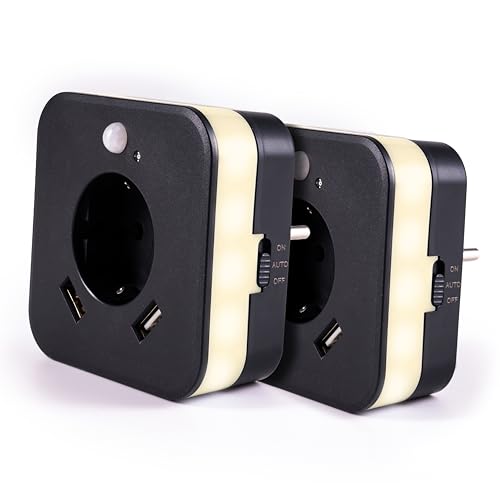 smrter LED-Nachtlicht mit Bewegungsmelder und Steckdose, 2x USB 2.4A, anthrazit, automatischer Lichtsensor, GS (geprüfte Sicherheit) (2 Stück [ANTHRAZIT])