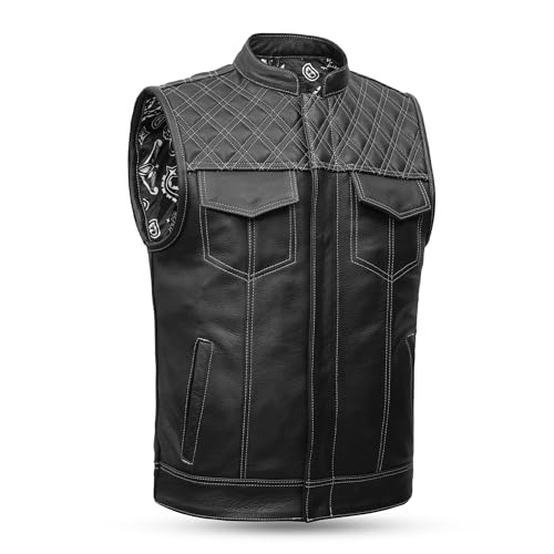 [Tulade] Leatherick Groove Club Men�fs Black Leather Vest Men Motorcycle - Traditional Paisley Satin Liner with White Diamond Sti