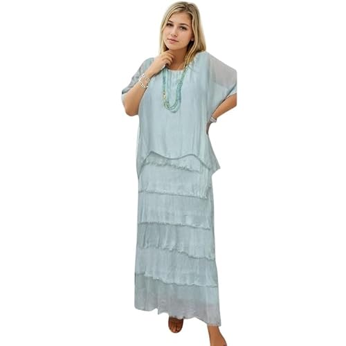 Image of Alam Exclusive Ladies Womens Italian Lagenlook Plain Short Sleeve Frill Frayed Detail Silk Midi Maxi Dress One Size (UK, Numeric, 8, 16, Regular, Regular, Mint)