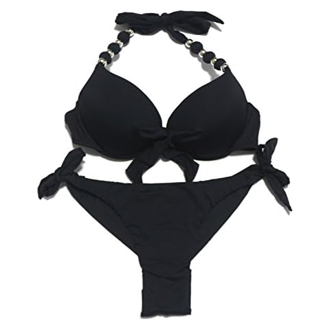 EONAR Womens Halter Swimwear Push Up Bikini Top Tieside Brazilian Briefs (L,Black) Cover