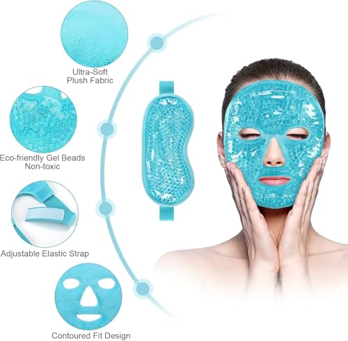 Image of JUDEE Reusable Gel Beads Eye & Face Mask Combo - Hot & Cold Therapy Mask Set for Relaxation, Comfort, and Stress Relief - Soft and Adjustable Eye and Face Masks (Blue)