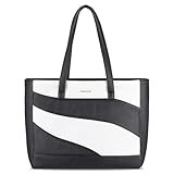 MOSISO 15.6 inch Laptop Bag for Women, 15-16 inch Soft Leather Tote Bag with Laptop Compartment, Large Capacity Top Handle Purses Laptop Tote Bag for Work Office College with 2 PU Handle, Black&White