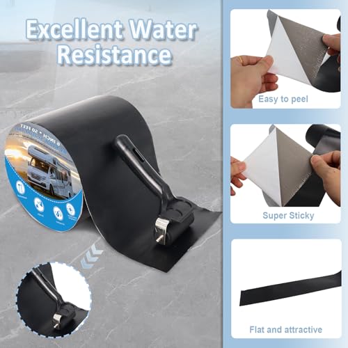 Black RV Roof Sealant Tape - 6\" x 50ft, Rubber Roller, Patch Repair, Waterproof Butyl Tape for Camper Roofs