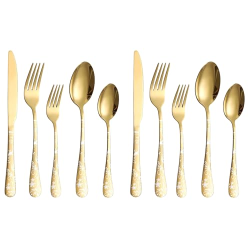 Image of aDai Aurum Gold Silverware Set | Satin Finish 10-Piece Flatware Set with Unique Floral Printed Handle | Dishwasher Safe Stainless Steel Cutlery for Home, Restaurant & Gifting