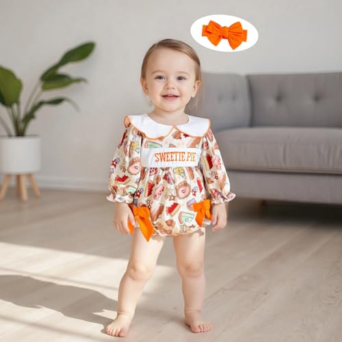 Thanksgiving Baby Girl Outfit Sweetie Pie Puff Long Sleeve Smocked Romper Cake Print Doll Collar Bodysuit Headband3