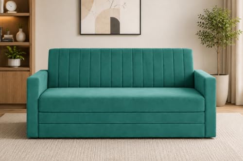 Image of 3-Seater Velvet Sofa Cum Bed with Armrests | Modern Convertible Sleeper Couch | Stylish Sofa Bed for Living Room, Bedroom & Office | Green