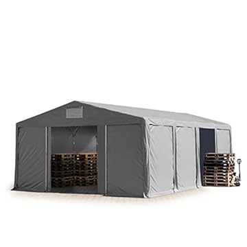 Tendone deposito 8x8 m Tendone Industriale Tendostruttura con Altezza Laterale 3m Grigio telone in PVC 850 N Impermeabile utilizzo continuativo con portone Scorrevole