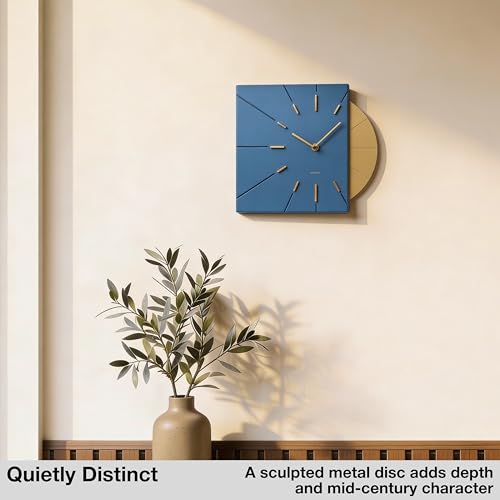 Image of Driini Blue and Gold Mid Century Modern Wall Clock, Battery Operated | Square MCM face with a minimalist midcentury look. Contemporary decorative analog design for kitchen, office or living room