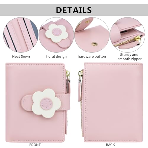 Cute Pink Small Wallet for Women Minimalist 3D Flower Leather Coin Purse and Credit Card Holder with ID Window Kawaii Travel Cash Wallet for Ladies3