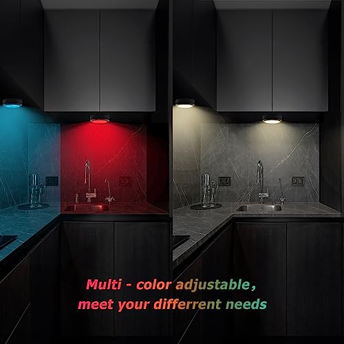 Image of Puck Lights with Remote,Under Cabinet Lighting Wireless,Battery Operated RGB LED Lights Dimmable,7 Colors Push Lights for Closet,Kitchen,Under Counter Lights Bar Display Shelf (6pack)