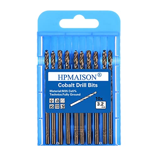 Image of HPMAISON True 5% Cobalt Jobber Drill Bit Set, 10Pcs 3.2mm M35 High Speed Steel Twist Drill Bits, 135° Split Point Extremely Heat Resistant for Stainless Steel, Cast Iron, Hard Metal, Plastic, Wood