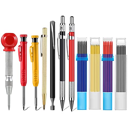 11 pièces crayons de charpentier pour marqueurs de trous profonds, ensemble de crayons de charpentier, avec taille-crayon intégré, outil à tracer et collecteur magnétique pour charpentier de chantier Cover