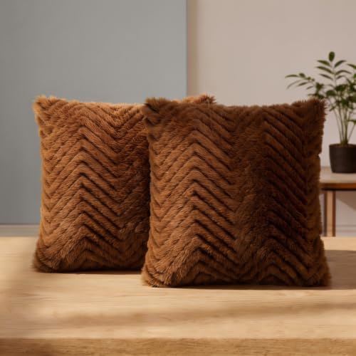 Image of Wakefit Designer Cushion Cover | 12x12 inch | Plush Fur Feel | Velvet Fabric | Machine Washable | Pack of 2 | Fur Brown